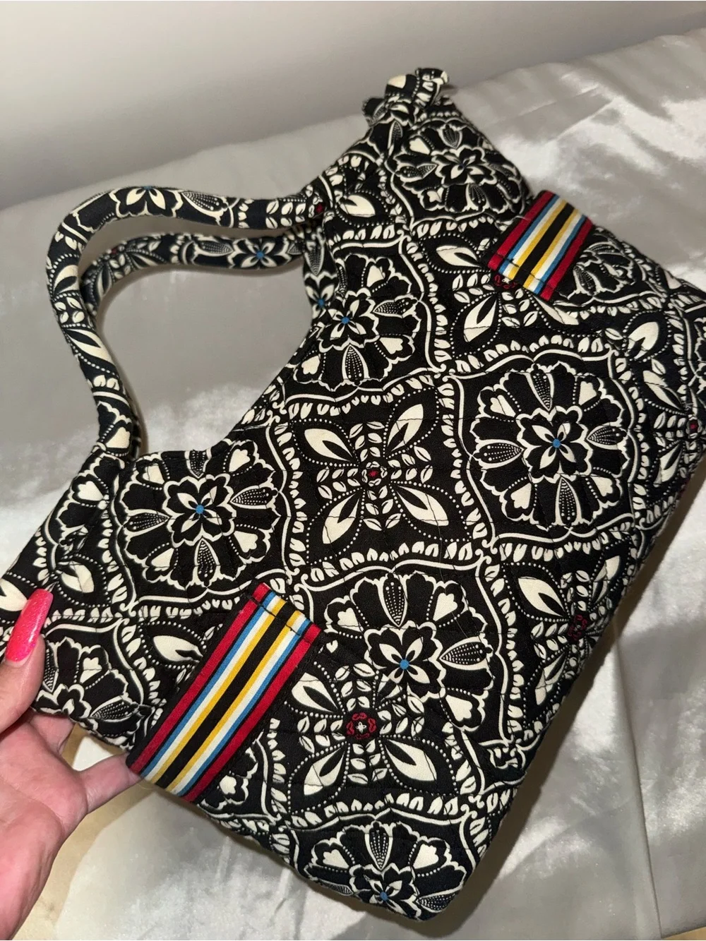 Vera Bradley Black & White Quilted Tote with Multicolor Stripe Detail